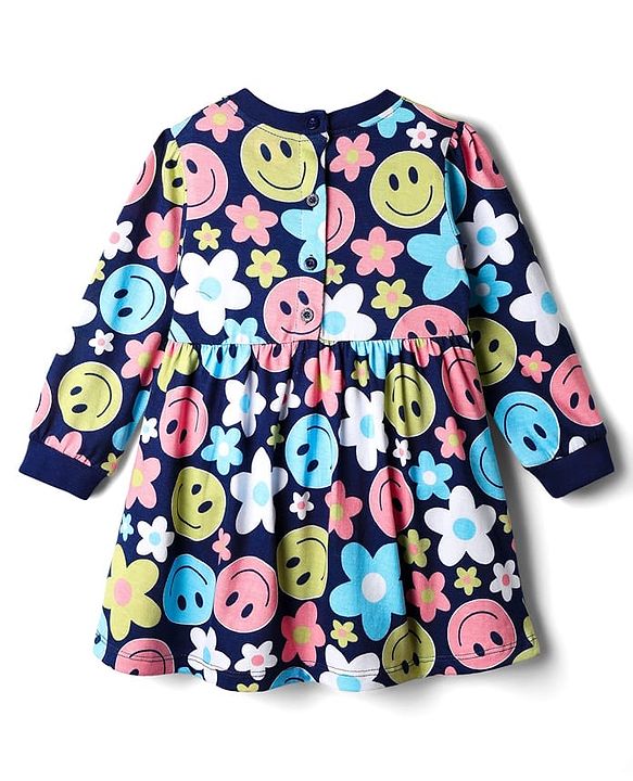 Babyhug Cotton Knit Full Sleeves Floral Printed Frock - Navy Blue