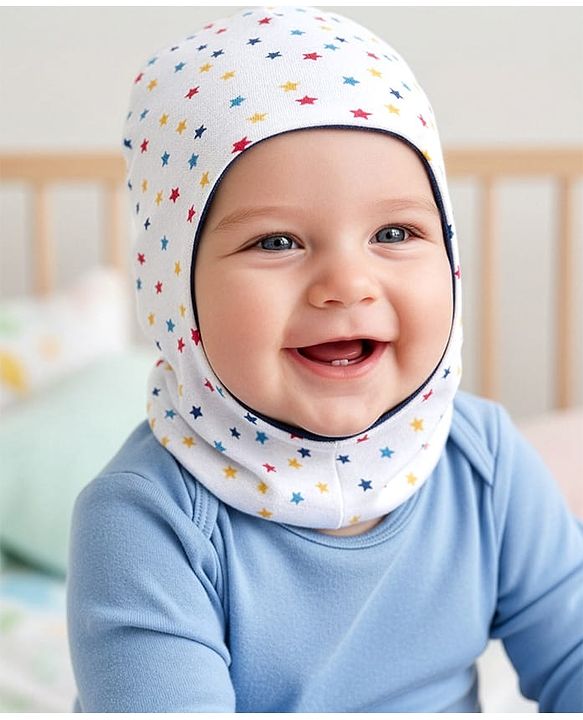 Babyhug Knit Reversible Monkey Cap With Star Print White - Diameter 9 cm
