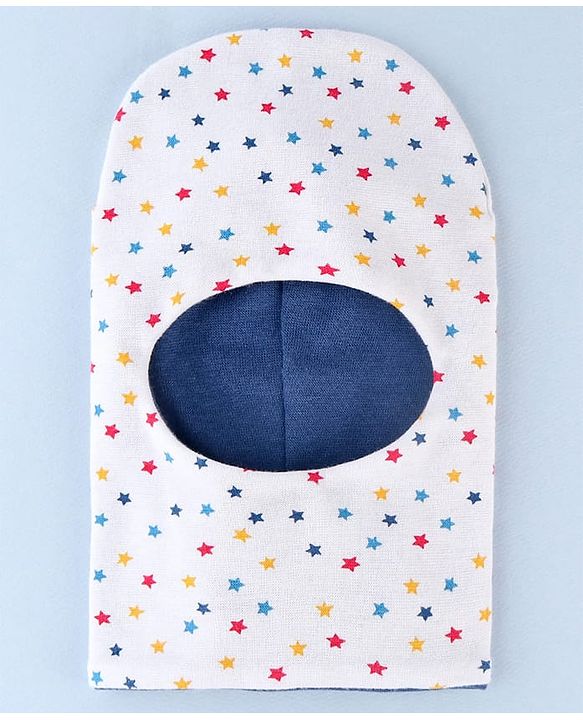 Babyhug Knit Reversible Monkey Cap With Star Print White - Diameter 9 cm