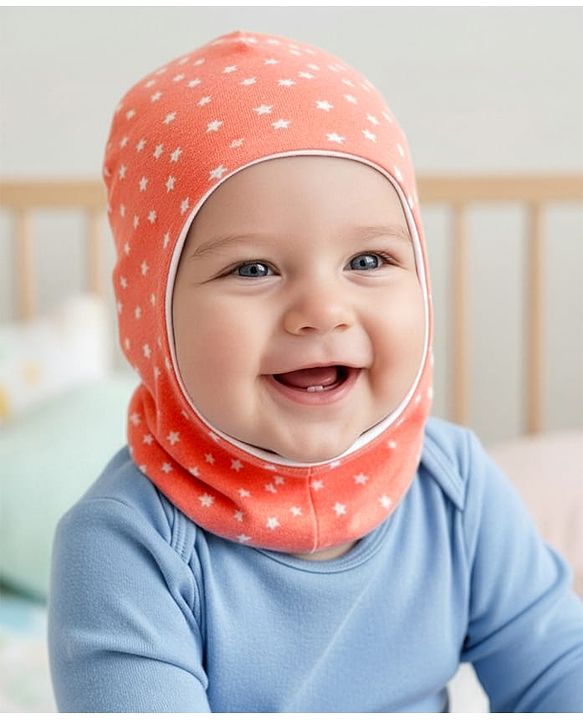 Babyhug Knit Reversible Monkey Cap With Star Print Light Peach - Diameter 9 cm