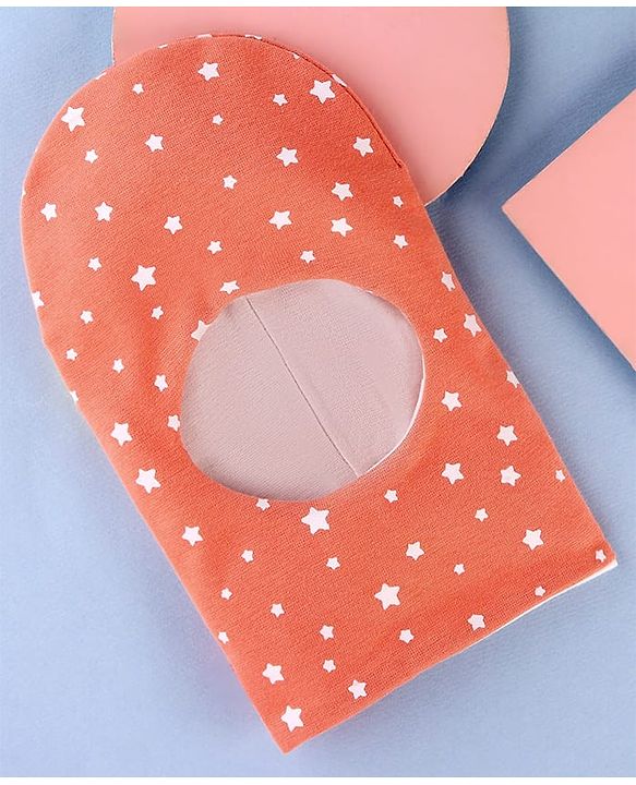Babyhug Knit Reversible Monkey Cap With Star Print Light Peach - Diameter 9 cm