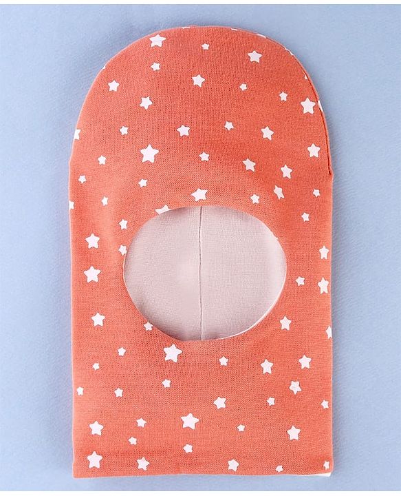 Babyhug Knit Reversible Monkey Cap With Star Print Light Peach - Diameter 9 cm