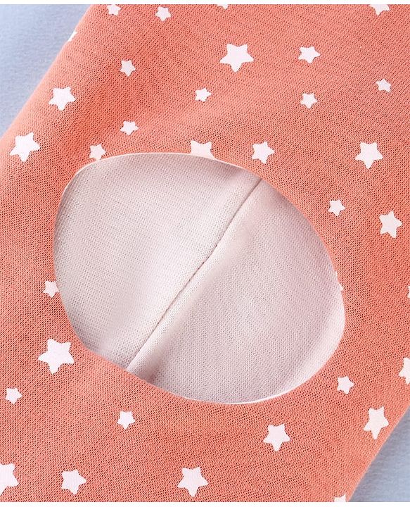 Babyhug Knit Reversible Monkey Cap With Star Print Light Peach - Diameter 9 cm