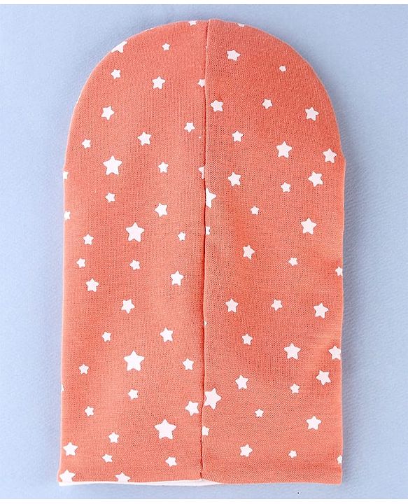 Babyhug Knit Reversible Monkey Cap With Star Print Light Peach - Diameter 10 cm