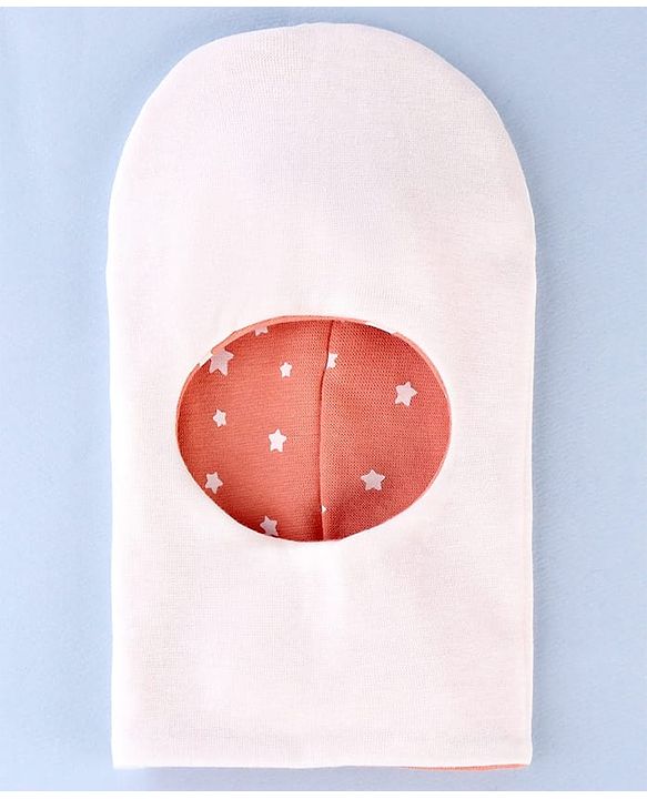 Babyhug Knit Reversible Monkey Cap With Star Print Light Peach - Diameter 10 cm