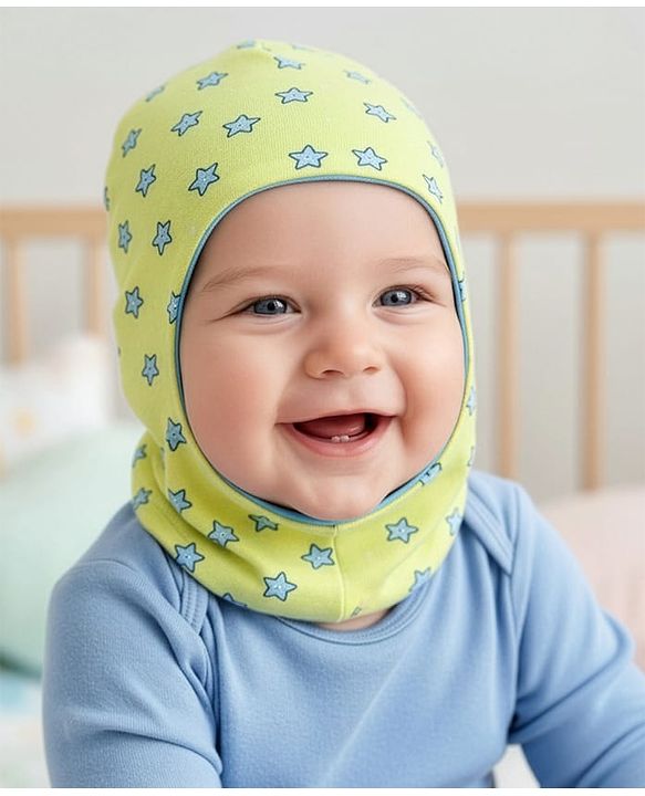 Babyhug Knit Reversible Monkey Cap With Star Print Light Blue - Diameter 10 cm