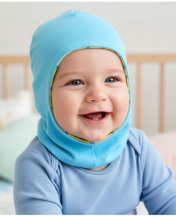 Babyhug Knit Reversible Monkey Cap With Star Print Light Blue - Diameter 10 cm