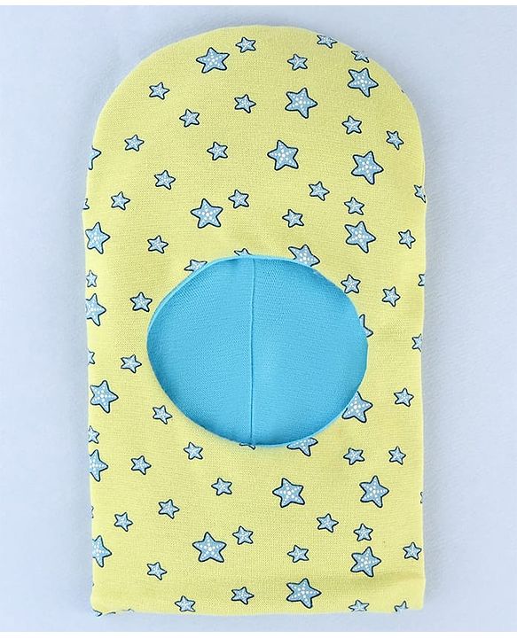 Babyhug Knit Reversible Monkey Cap With Star Print Light Blue - Diameter 10 cm