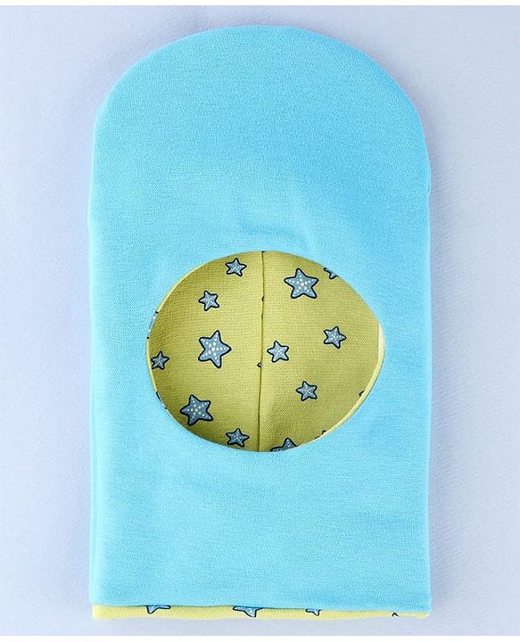Babyhug Knit Reversible Monkey Cap With Star Print Light Blue - Diameter 10 cm
