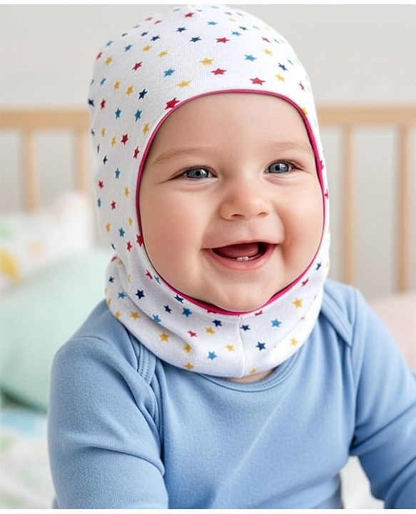 Babyhug Knit Reversible Monkey Cap With Star Print Dark Pink - Diameter 9 cm