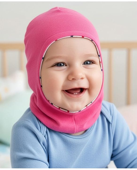 Babyhug Knit Reversible Monkey Cap With Star Print Dark Pink - Diameter 9 cm
