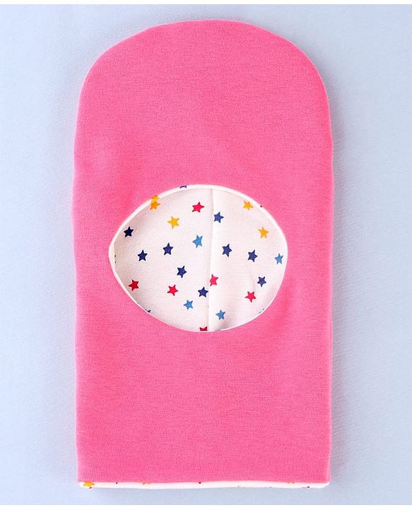 Babyhug Knit Reversible Monkey Cap With Star Print Dark Pink - Diameter 9 cm