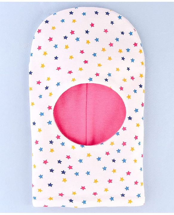 Babyhug Knit Reversible Monkey Cap With Star Print Dark Pink - Diameter 9 cm