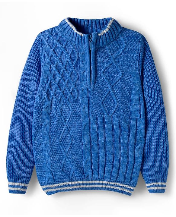 Pine Kids Knit Full Sleeves Pullover Sweater with Cable Knit Design -Blue