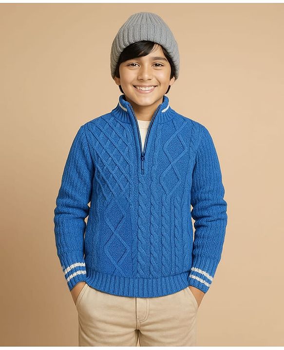 Pine Kids Knit Full Sleeves Pullover Sweater with Cable Knit Design -Blue