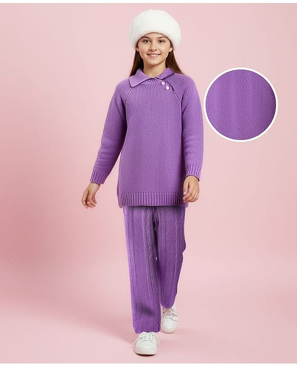 Pine Kids Knit Full Raglan Sleeves Sweater Set with Cable Knit Design - Purple