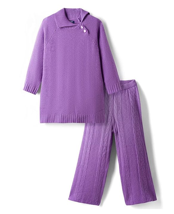 Pine Kids Knit Full Raglan Sleeves Sweater Set with Cable Knit Design - Purple