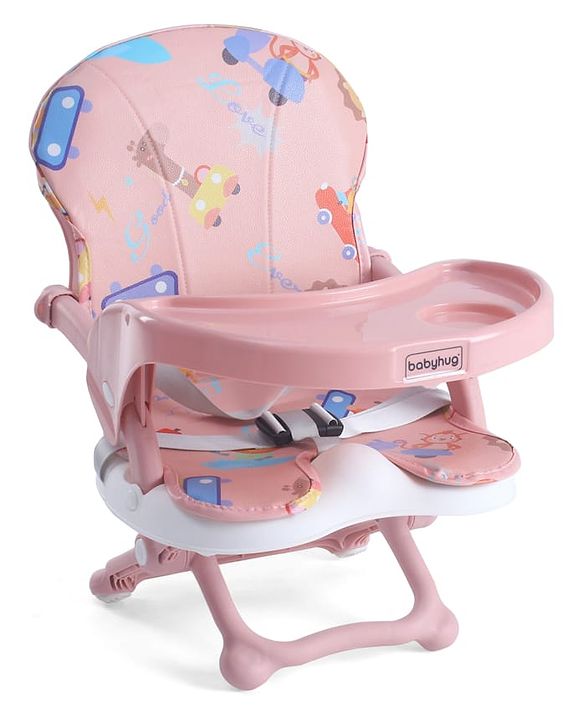 Babyhug 2 in 1 Kids Feeding Chair & Booster Chair with Removable Tray & Seat Cushion - Pink| Adjustable Height| Safety Harness| Foldable Legs| Non Slip Base| Easy to Clean| Durable Built