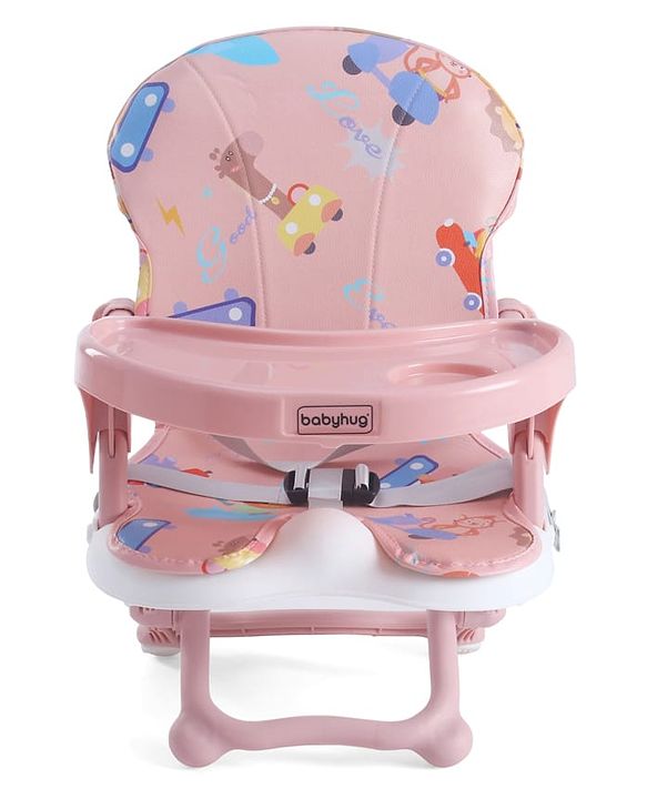 Babyhug 2 in 1 Kids Feeding Chair & Booster Chair with Removable Tray & Seat Cushion - Pink| Adjustable Height| Safety Harness| Foldable Legs| Non Slip Base| Easy to Clean| Durable Built
