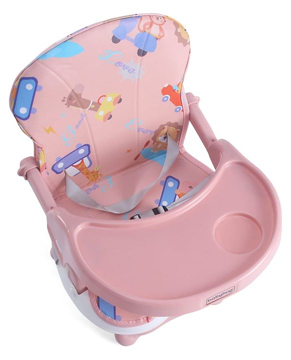 Babyhug 2 in 1 Kids Feeding Chair & Booster Chair with Removable Tray & Seat Cushion - Pink| Adjustable Height| Safety Harness| Foldable Legs| Non Slip Base| Easy to Clean| Durable Built