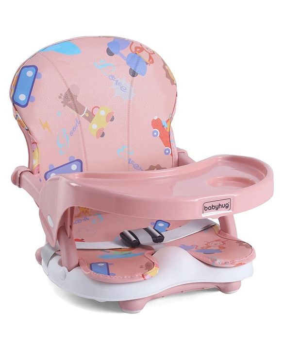 Babyhug 2 in 1 Kids Feeding Chair & Booster Chair with Removable Tray & Seat Cushion - Pink| Adjustable Height| Safety Harness| Foldable Legs| Non Slip Base| Easy to Clean| Durable Built