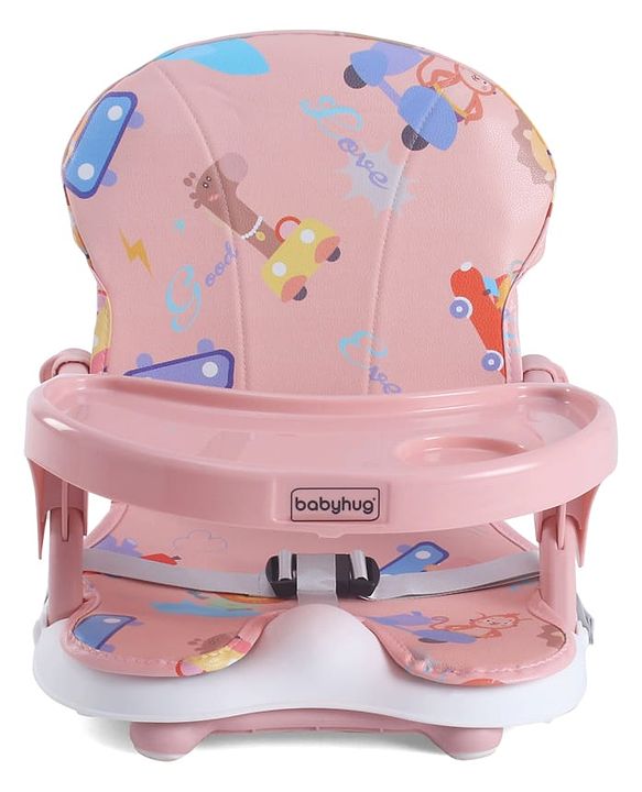 Babyhug 2 in 1 Kids Feeding Chair & Booster Chair with Removable Tray & Seat Cushion - Pink| Adjustable Height| Safety Harness| Foldable Legs| Non Slip Base| Easy to Clean| Durable Built