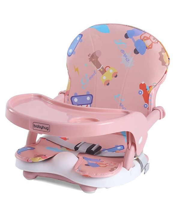 Babyhug 2 in 1 Kids Feeding Chair & Booster Chair with Removable Tray & Seat Cushion - Pink| Adjustable Height| Safety Harness| Foldable Legs| Non Slip Base| Easy to Clean| Durable Built