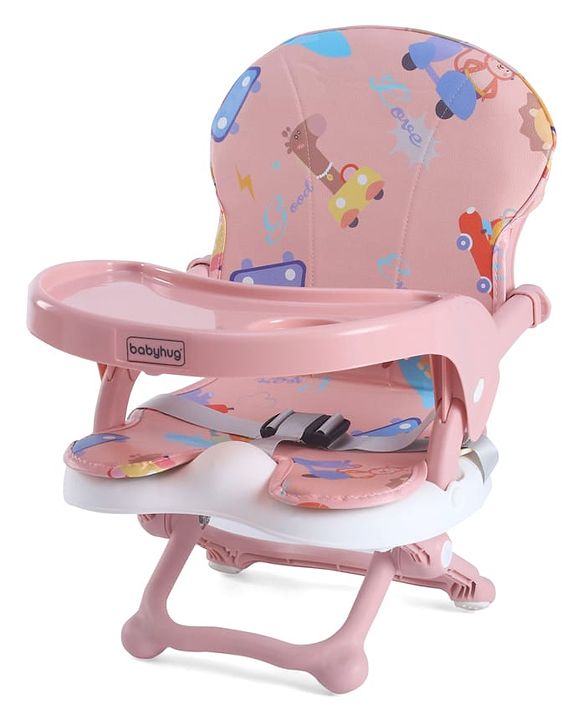 Babyhug 2 in 1 Kids Feeding Chair & Booster Chair with Removable Tray & Seat Cushion - Pink| Adjustable Height| Safety Harness| Foldable Legs| Non Slip Base| Easy to Clean| Durable Built