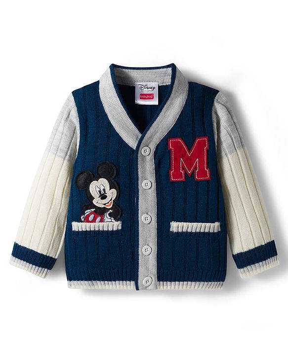 Babyhug Disney Woven Full Sleeves Front Open Sweater With Mickey Mouse Graphics - Navy Blue