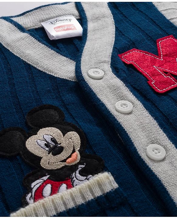 Babyhug Disney Woven Full Sleeves Front Open Sweater With Mickey Mouse Graphics - Navy Blue
