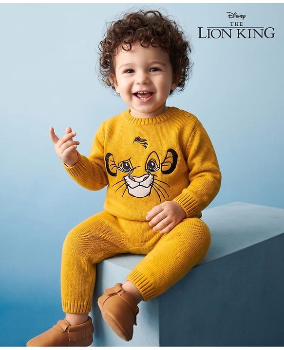Babyhug Disney Woven Full Sleeves Sweater Set With Lion King Graphics - Yellow