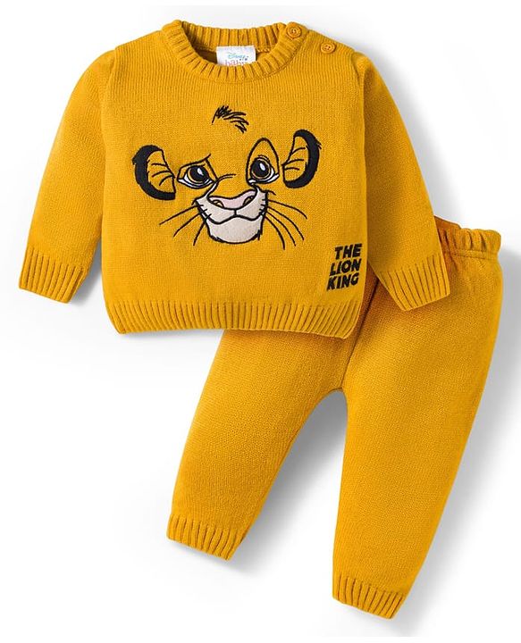 Babyhug Disney Woven Full Sleeves Sweater Set With Lion King Graphics - Yellow