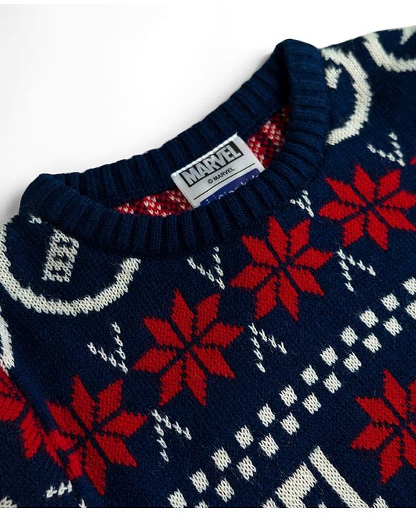 Pine Kids Marvel Woven Full Sleeves Pullover Sweater With Marvel Print - Navy Blue