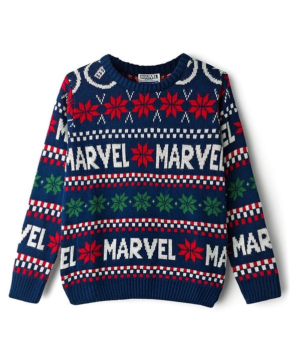 Pine Kids Marvel Woven Full Sleeves Pullover Sweater With Marvel Print - Navy Blue