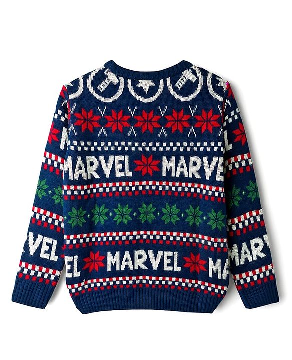 Pine Kids Marvel Woven Full Sleeves Pullover Sweater With Marvel Print - Navy Blue