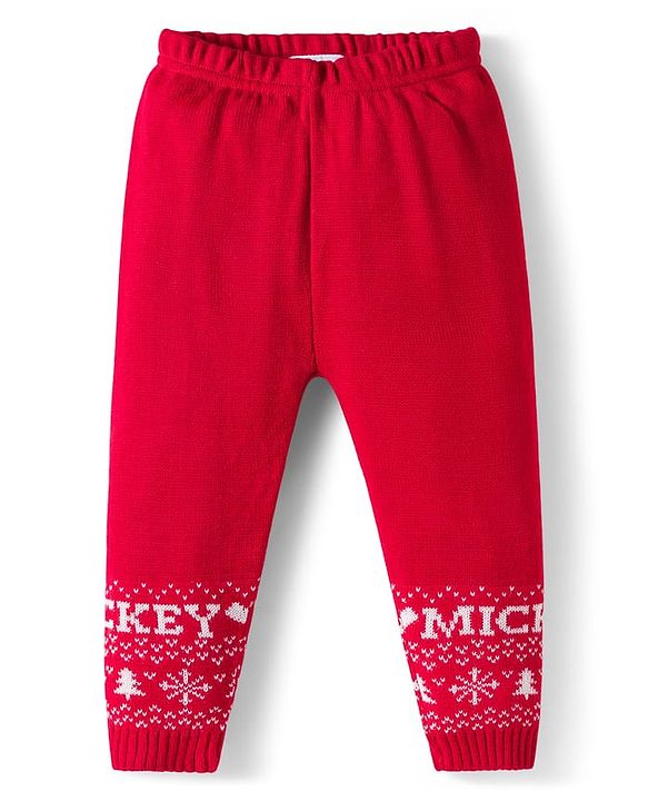 Babyhug Disney Woven Full Sleeves Sweater Set With Mickey Mouse Graphics & Cap - Red