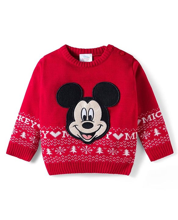 Babyhug Disney Woven Full Sleeves Sweater Set With Mickey Mouse Graphics & Cap - Red