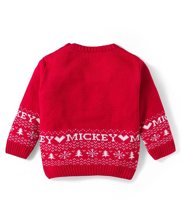 Babyhug Disney Woven Full Sleeves Sweater Set With Mickey Mouse Graphics & Cap - Red