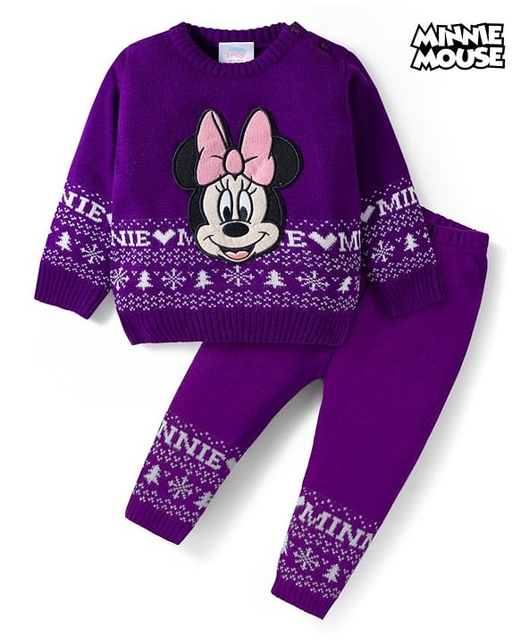 Babyhug Disney Woven Full Sleeves Sweater Set With Minnie Mouse Graphics - Purple