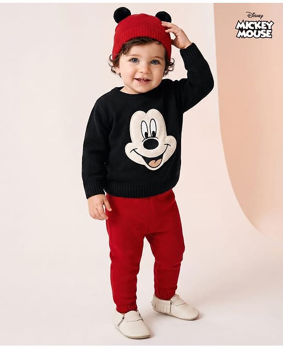 Babyhug Disney Woven Full Sleeves Sweater Set With Mickey Mouse Graphics & Cap - Navy Blue & Red