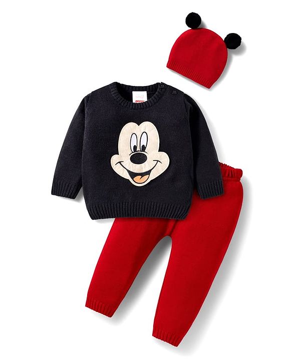 Babyhug Disney Woven Full Sleeves Sweater Set With Mickey Mouse Graphics & Cap - Navy Blue & Red