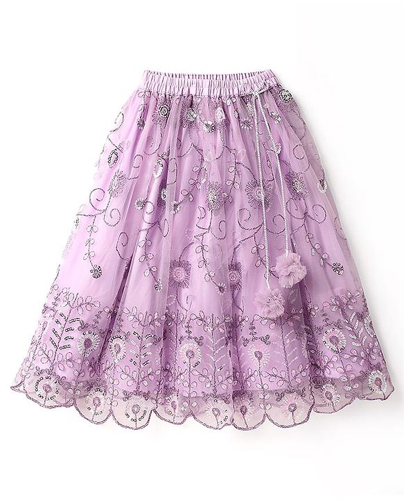 Babyhug Net Woven Ruffle Sleeve Choli Lehenga & Dupatta Set with Floral Sequenced Embroidery - Lavender