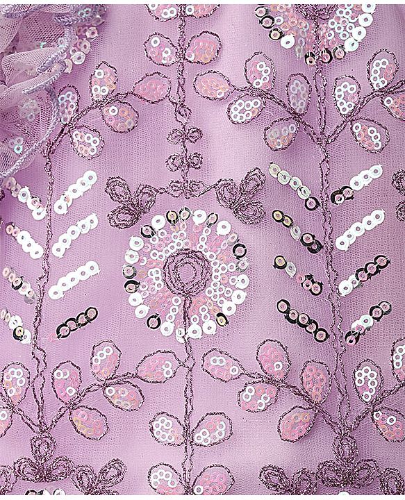 Babyhug Net Woven Ruffle Sleeve Choli Lehenga & Dupatta Set with Floral Sequenced Embroidery - Lavender
