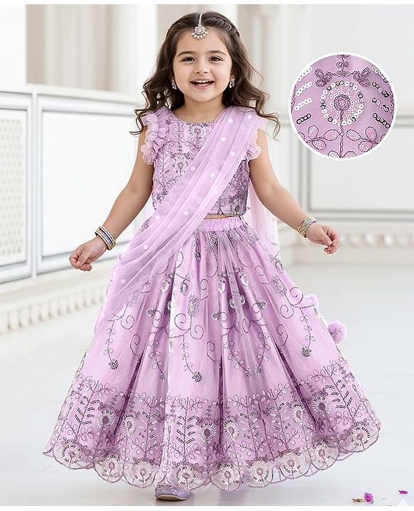 Babyhug Net Woven Ruffle Sleeve Choli Lehenga & Dupatta Set with Floral Sequenced Embroidery - Lavender