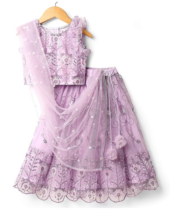 Babyhug Net Woven Ruffle Sleeve Choli Lehenga & Dupatta Set with Floral Sequenced Embroidery - Lavender