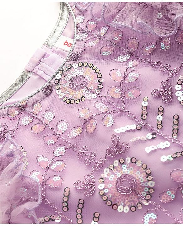 Babyhug Net Woven Ruffle Sleeve Choli Lehenga & Dupatta Set with Floral Sequenced Embroidery - Lavender