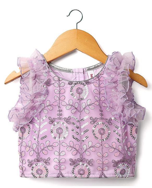 Babyhug Net Woven Ruffle Sleeve Choli Lehenga & Dupatta Set with Floral Sequenced Embroidery - Lavender