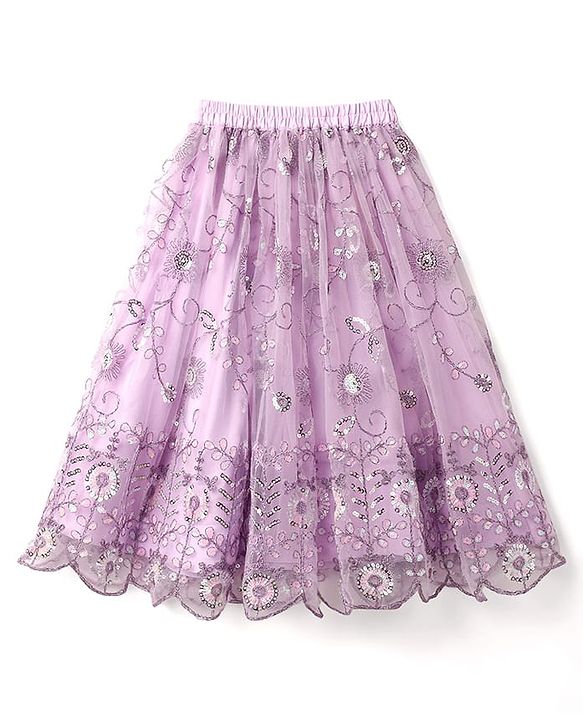 Babyhug Net Woven Ruffle Sleeve Choli Lehenga & Dupatta Set with Floral Sequenced Embroidery - Lavender