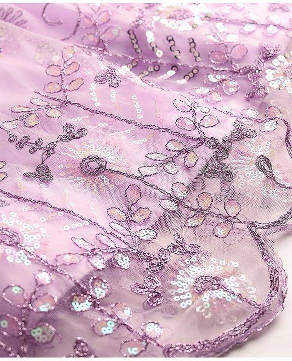 Babyhug Net Woven Ruffle Sleeve Choli Lehenga & Dupatta Set with Floral Sequenced Embroidery - Lavender