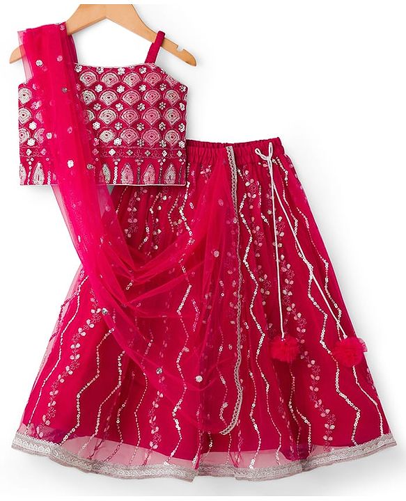 Babyhug Net Woven Sleeveless Choli Lehenga & Dupatta Set with Sequence Embroidery - Fuchsia